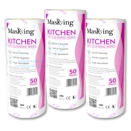 MASKING DRY KITCHEN ROLL ? Dry Kitchen Tissue, Towel Paper Roll, Dry Cleaning Wipe -3 Rolls (50 Pulls Per Roll) in Pink