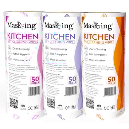MASKING DRY KITCHEN ROLL ? Dry Kitchen Tissue, Towel Paper Roll, Dry Cleaning Wipe -3 Rolls (50 Pulls Per Roll) in Multicolor