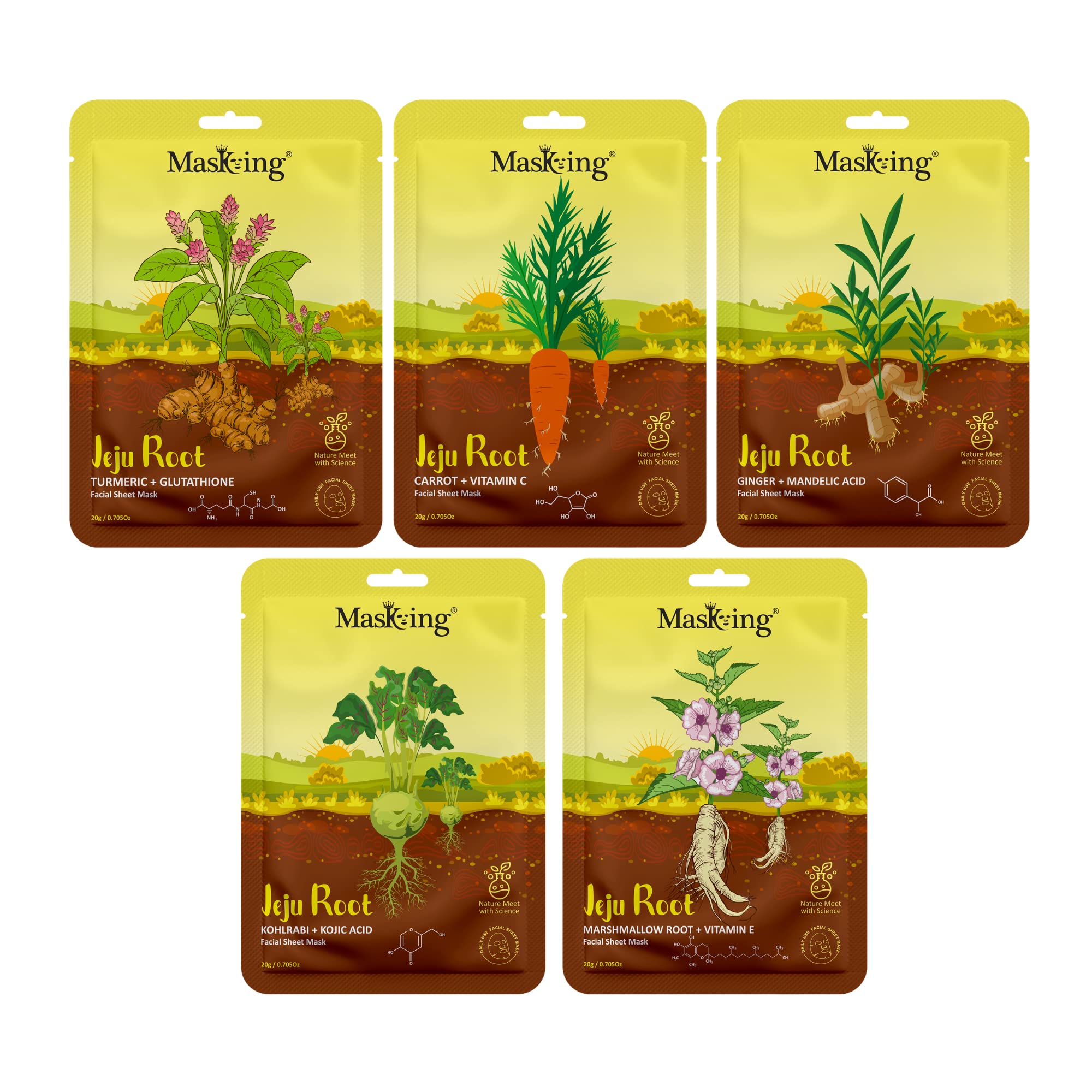 MasKing Jeju Root face sheet mask combo for skin moisturizing & calming, Ideal for women & men, pack of 5