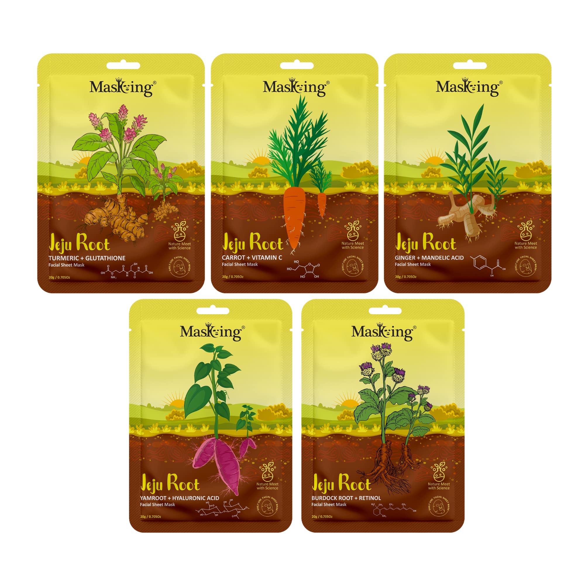 MasKing Jeju Root face sheet mask combo for skin moisturizing & Lightening, Ideal for women & men, pack of 5