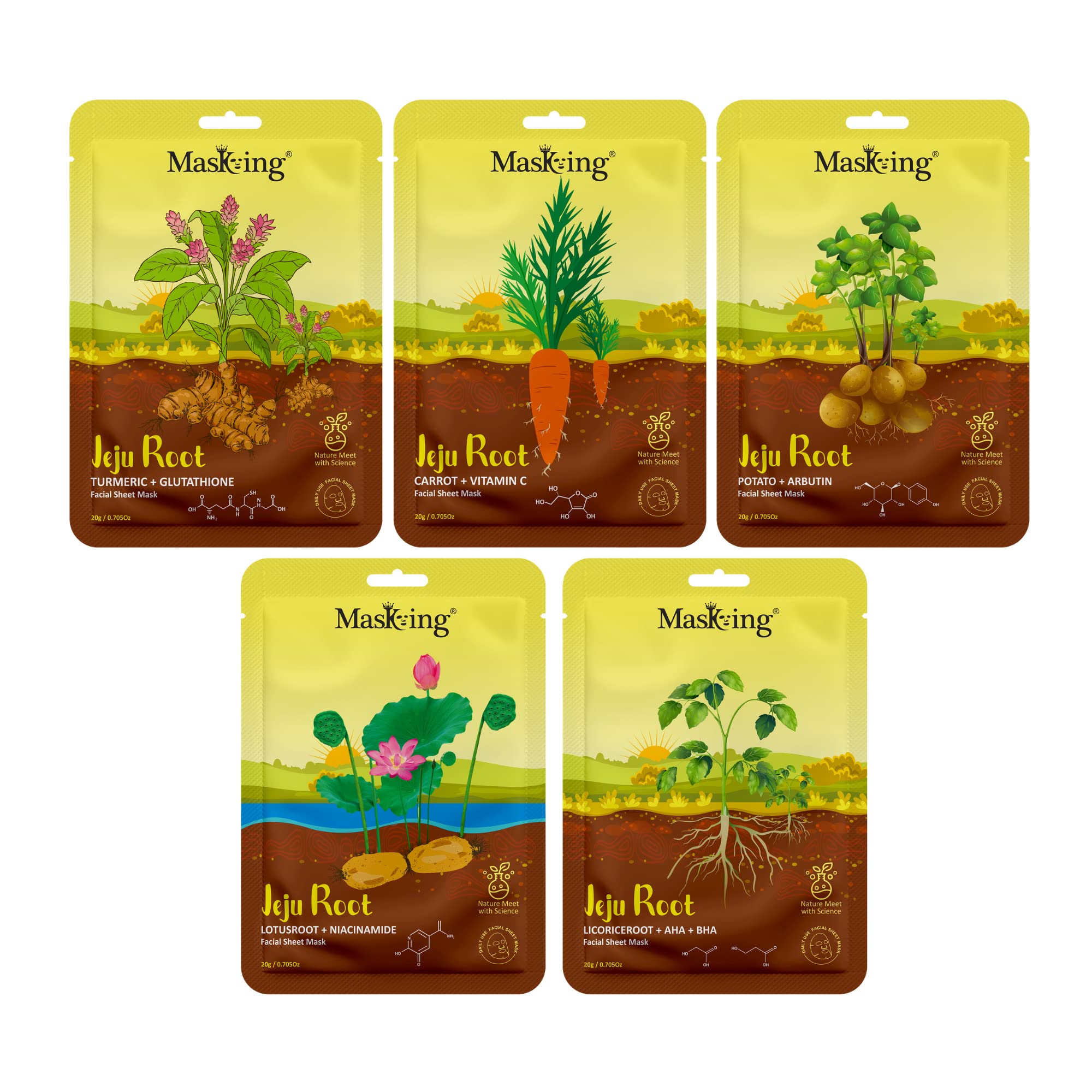 MasKing Jeju Root face sheet mask for skin glowing, Moisturizing, Nourish, Ideal for women & men, pack of 5