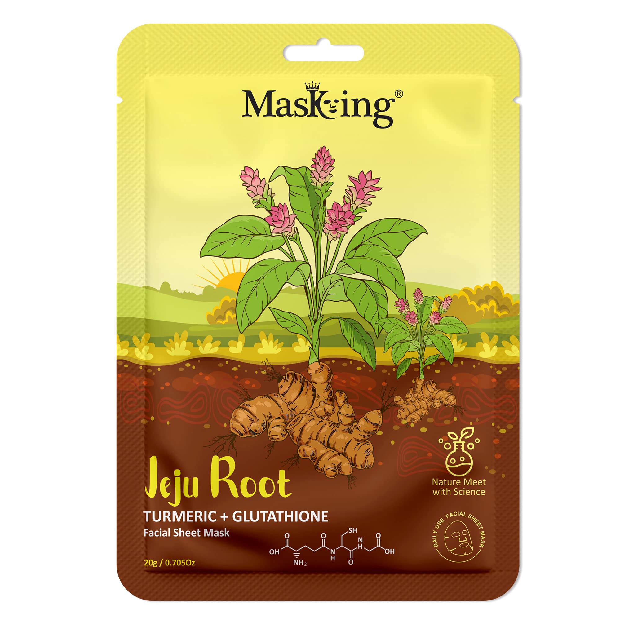 Masking fairness and glowing Jeju Root Turmeric + Glutathione skin friendly Facial Sheet mask with natural root extract, 20 Ml Each pack of 1