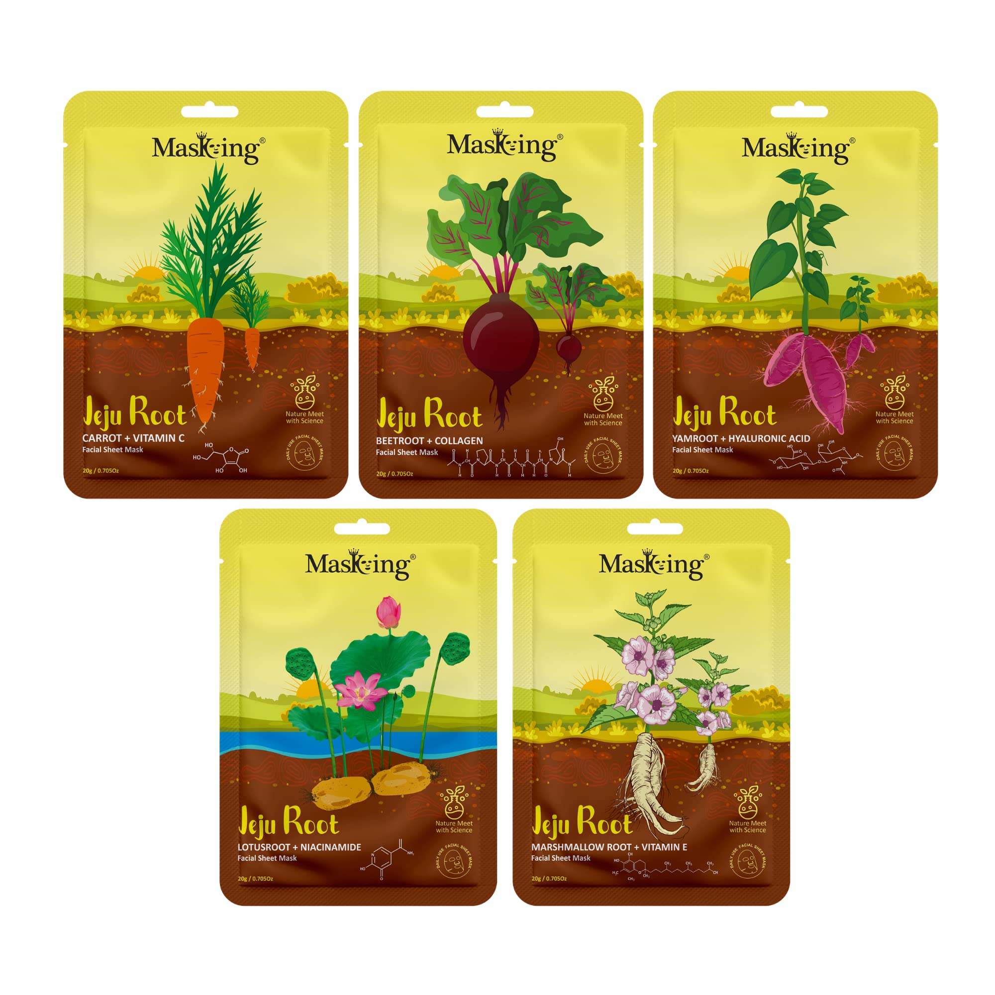 MasKing Jeju Root face sheet mask for skin Inflammatory & Firming,men and women, Pack of 5