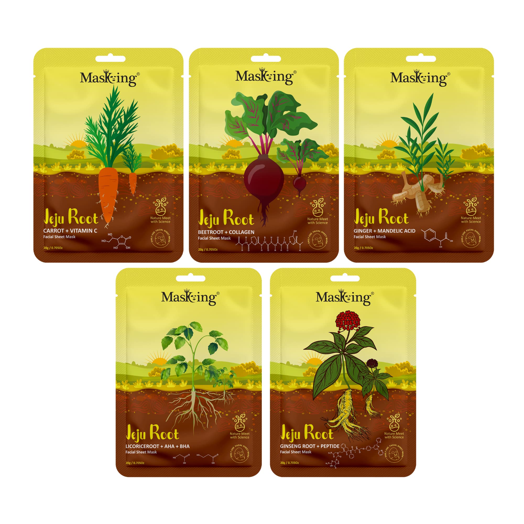 Masking Jeju Root face sheet mask for skin Anti-aging & Inflammatory, for women & men, pack of 5