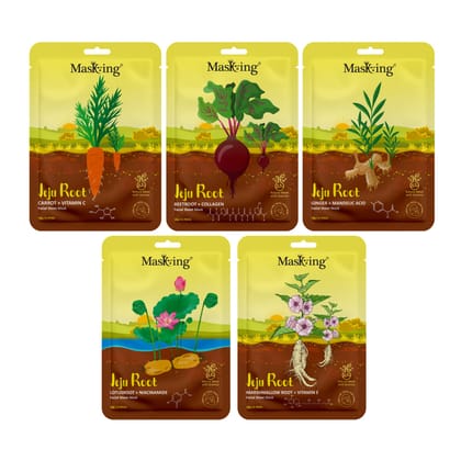 Masking Jeju Root face sheet mask for skin Lightening & Calming, for women & men, pack of 5