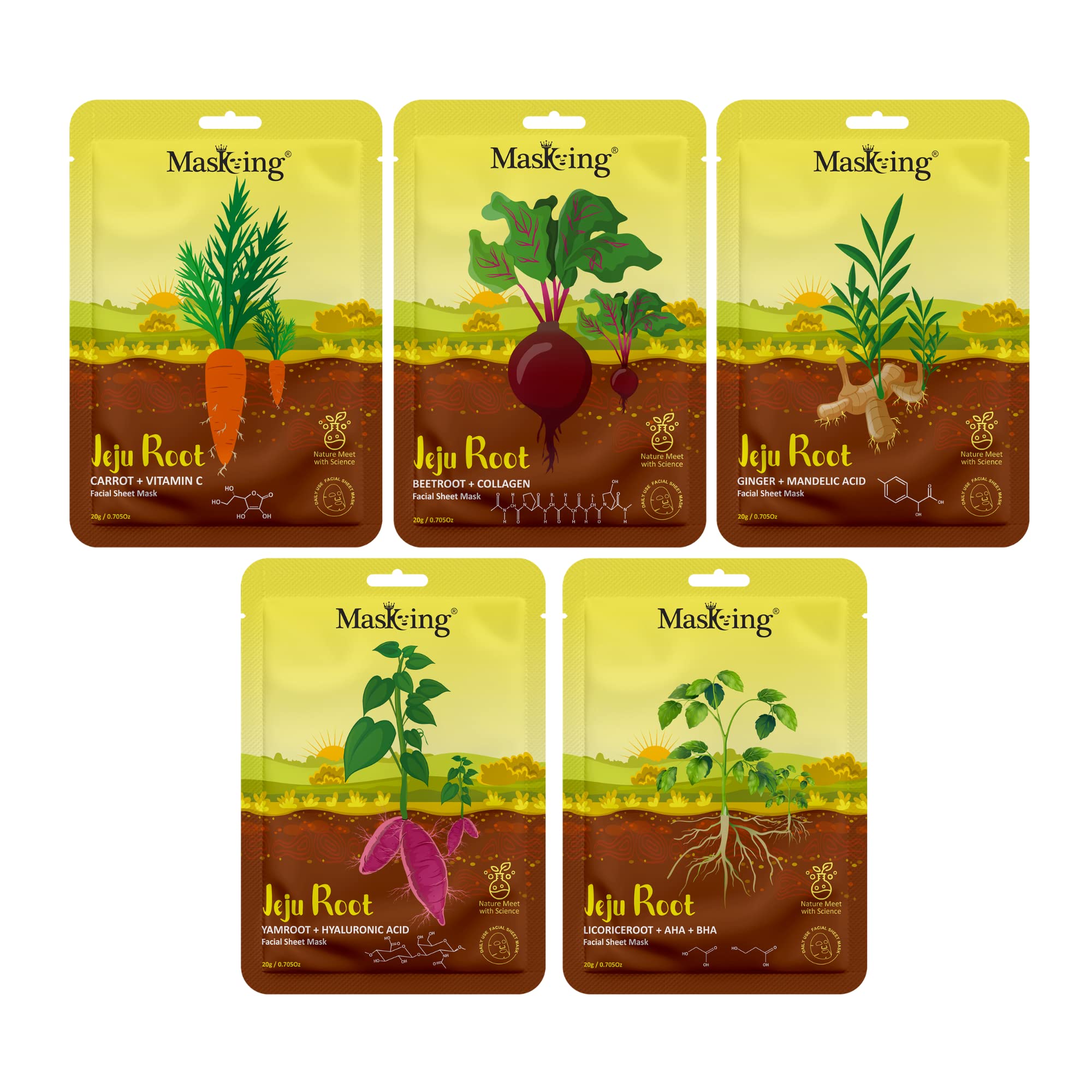 Masking Jeju Root face sheet mask for skin anti-aging & moisturizing, for women & men, pack of 5