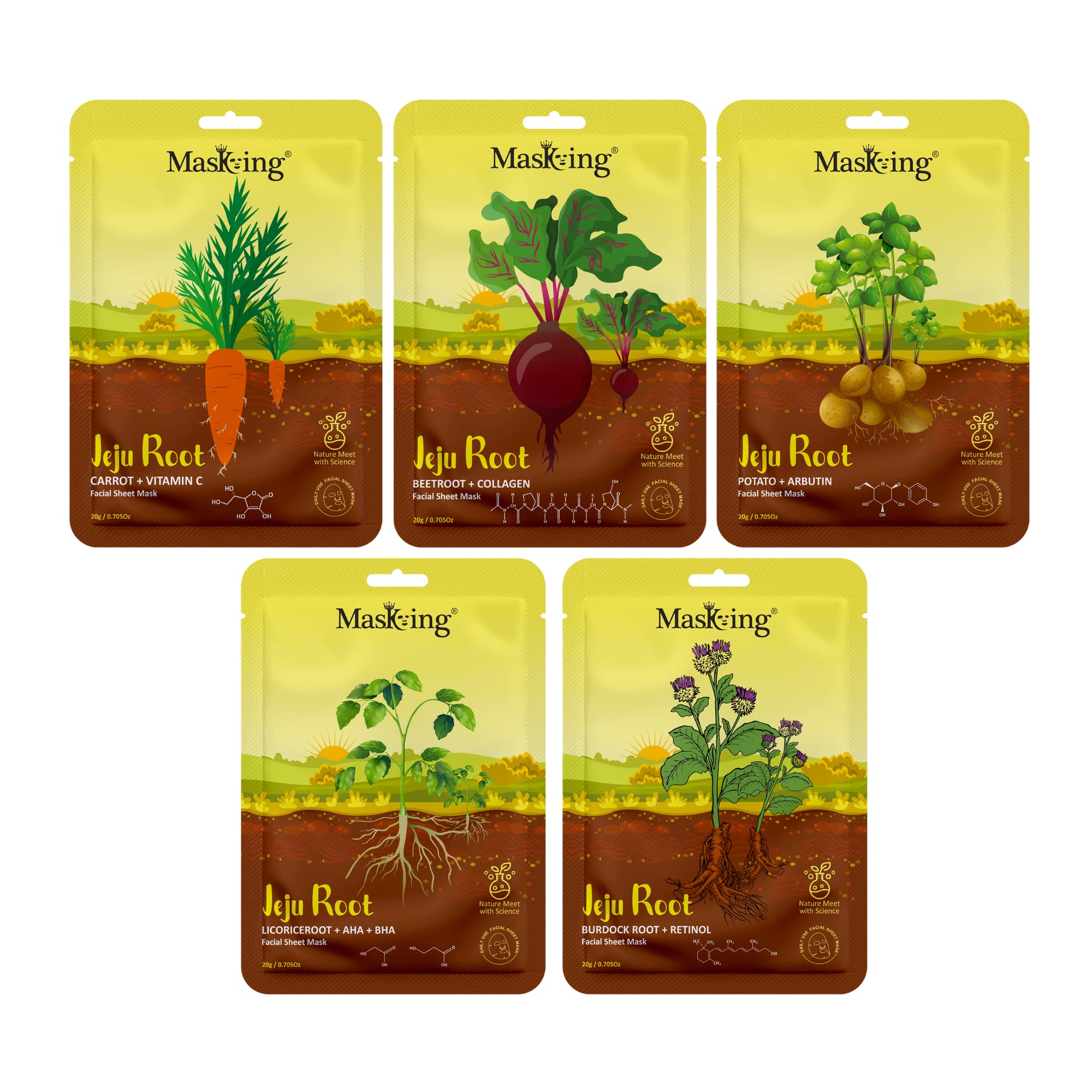 Masking Jeju Root face sheet mask for skin Glowing & Lightening, for women & men, pack of 5