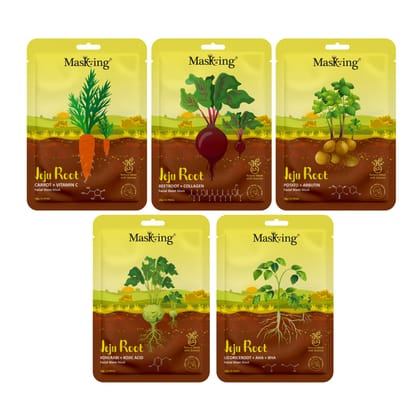 Masking Jeju Root face sheet mask for skin hydrating, glowing, calming, for women & men, pack of 5