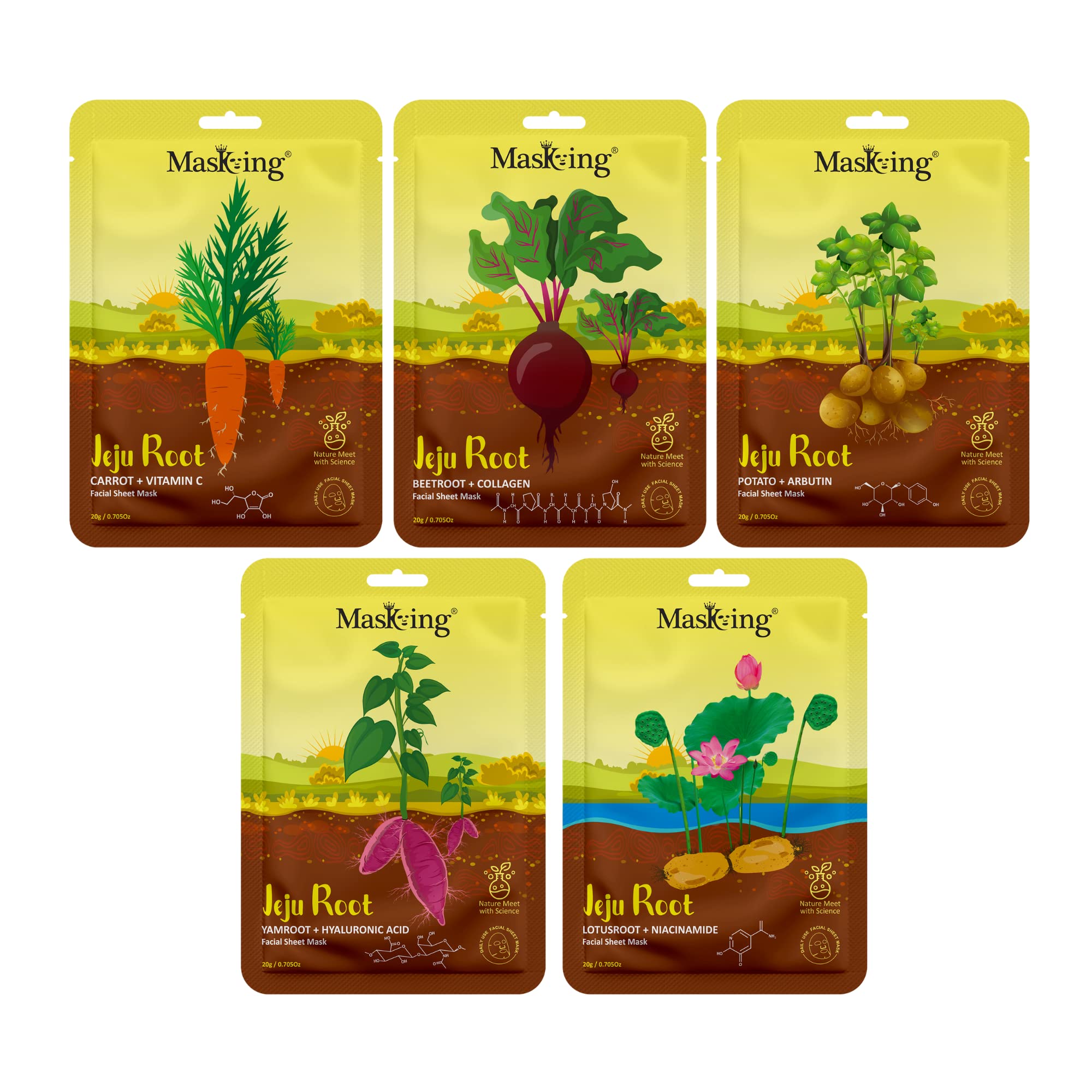 Masking Jeju Root face sheet mask for skin hydrating & Moisturizing, for women & men, pack of 5