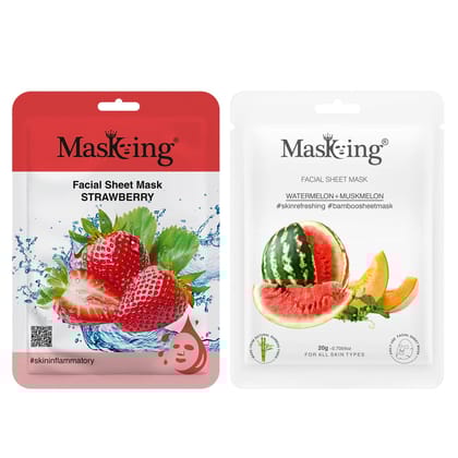 MasKing Beauty Facial Sheet Mask of Strawberry (20g) & Bamboo Facial Sheet Mask of Watermelon & Muskmelon (20g) Ideal for Women & Men (Combo Pack of 2)