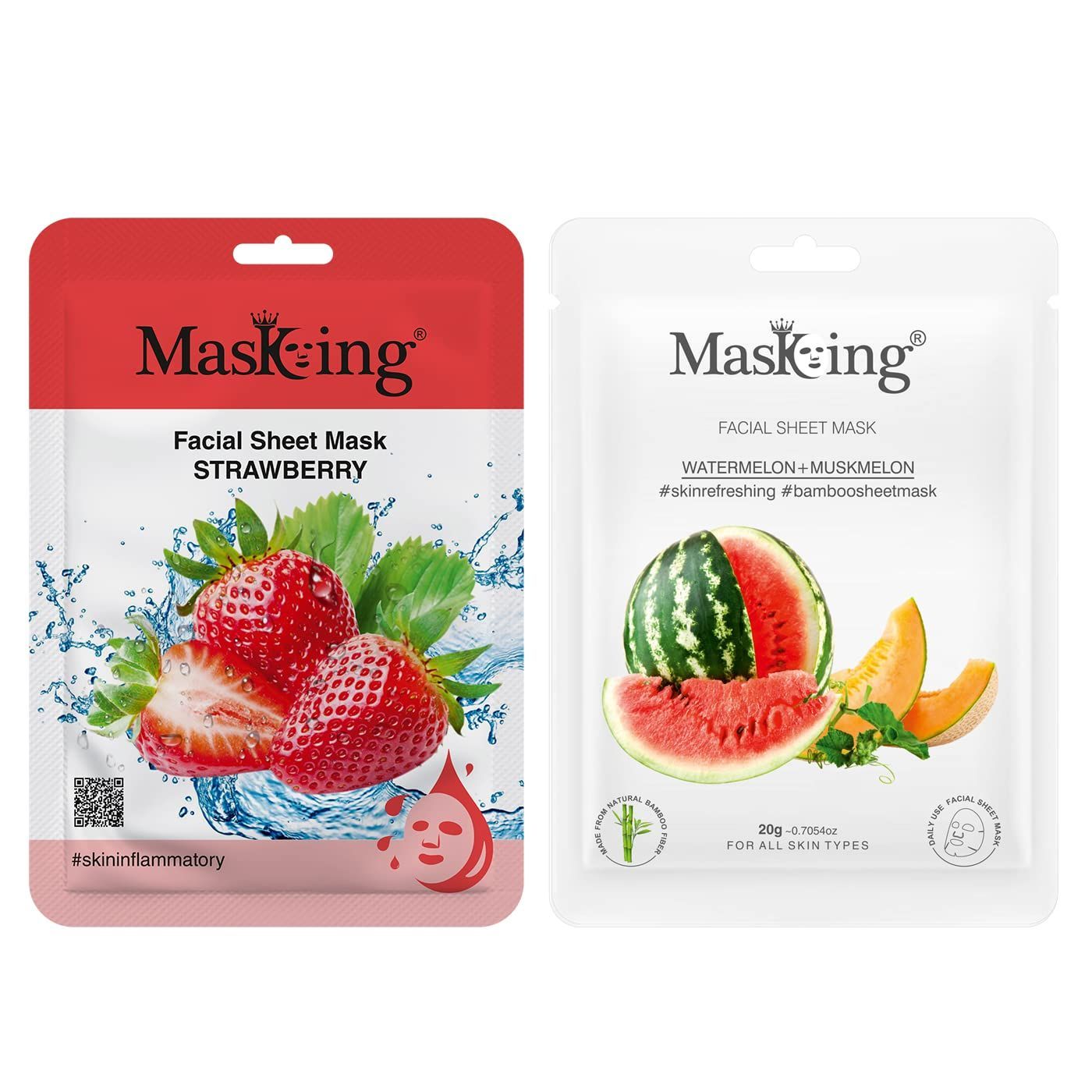 MasKing Beauty Facial Sheet Mask of Strawberry (20g) & Bamboo Facial Sheet Mask of Watermelon & Muskmelon (20g) Ideal for Women & Men (Combo Pack of 2)