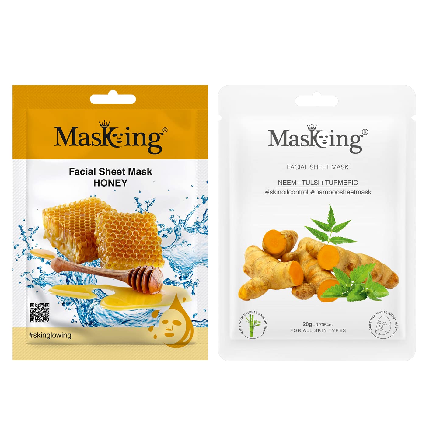 MasKing Beauty Facial Sheet Mask of Honey (20g) & Bamboo Facial Sheet Mask of Neem, Tulsi & Turmeric (20g) Ideal for Women & Men (Combo Pack of 2)