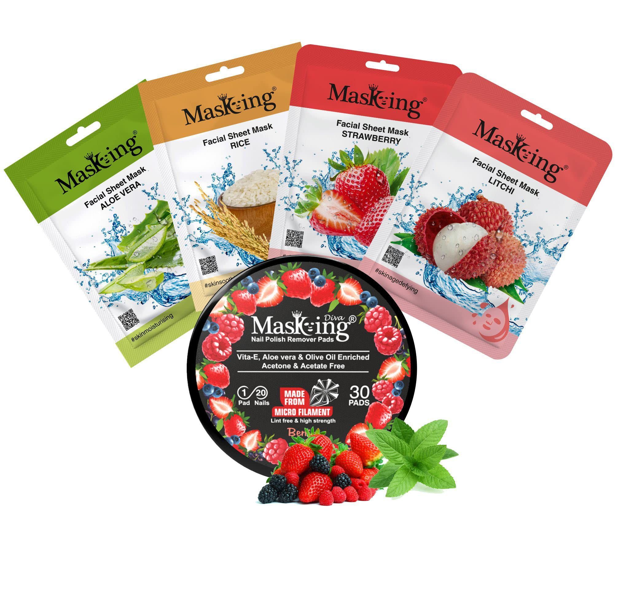 MasKing Beauty Facial Sheet Mask Ideal for Women & Men (Combo Pack of 4) | Berries Nail Polish Remover (Pack of 1)