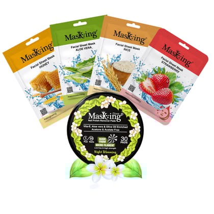 MasKing Beauty Facial Sheet Mask Honey, Aloe Vera, Rice & Strawberry Ideal for Women & Men (Combo Pack of 4) | Diva Night Blooming Nail Polish Remover MasKing Beauty Facial Sheet Mask Honey, Aloe Vera, Rice & Strawberry Ideal for Women & Men (Combo Pack of 4) | Diva Night Blooming Nail Polish Remover