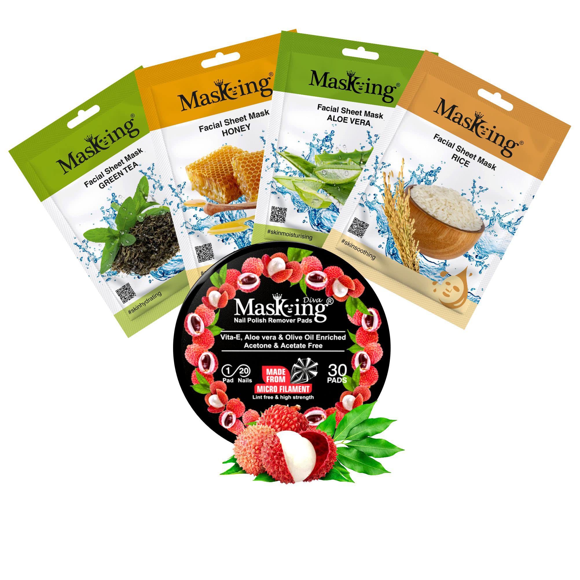 MasKing Beauty Facial Sheet Mask with Real extract of Green Tea, Honey, Aloe Vera & Rice Ideal for Women & Men (Combo Pack of 4) | Diva Litchi Nail Polish Remover 30 Round Pads (Pack of 1)