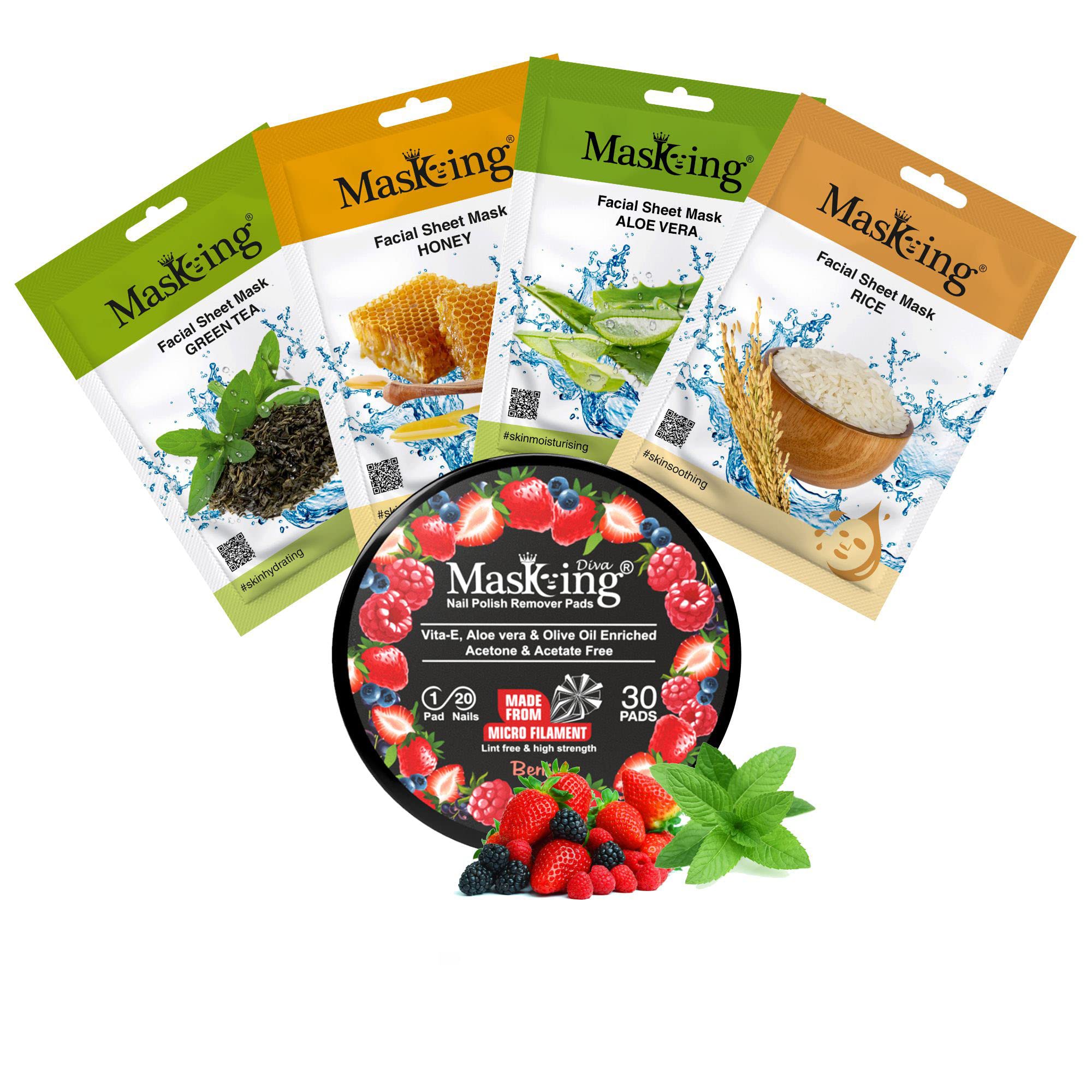 MasKing Beauty Facial Sheet Mask with Real extract of Green Tea, Honey, Aloe Vera & Rice Ideal for Women & Men (Combo Pack of 4) | Diva Berries Nail Polish Remover 30 Round Pads (Pack of 1)