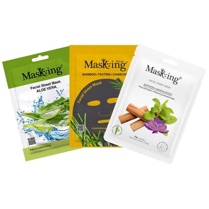 MasKing Beauty, Bamboo & charcoal Facial Sheet Mask for glowing, Calming and Smoothening, Anti Acne Combo Pack of 3