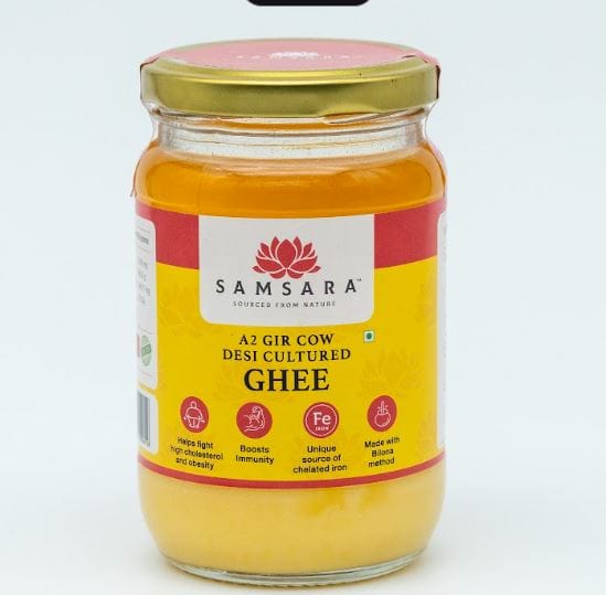 Samsara A2 Gir Cow Ghee (250ml,500ml) | Curd-Churned Vedic Bilona Method | No Preservatives | Pure, Natural & Healthy | Lab Tested | Immunity Booster | 100% Pure and Natural | Grassfed Free Grazing Cows |
