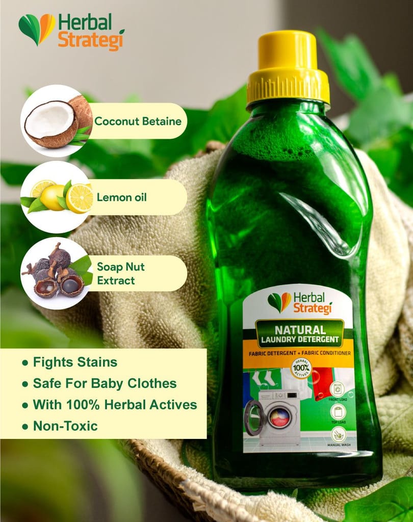 Herbal Strategi Natural Fabric Wash | Liquid Laundry Detergent for Top Load & Front Load Washing Machine | Suitable For All Fabrics | Skin Safe, Baby Safe | 1 Litre