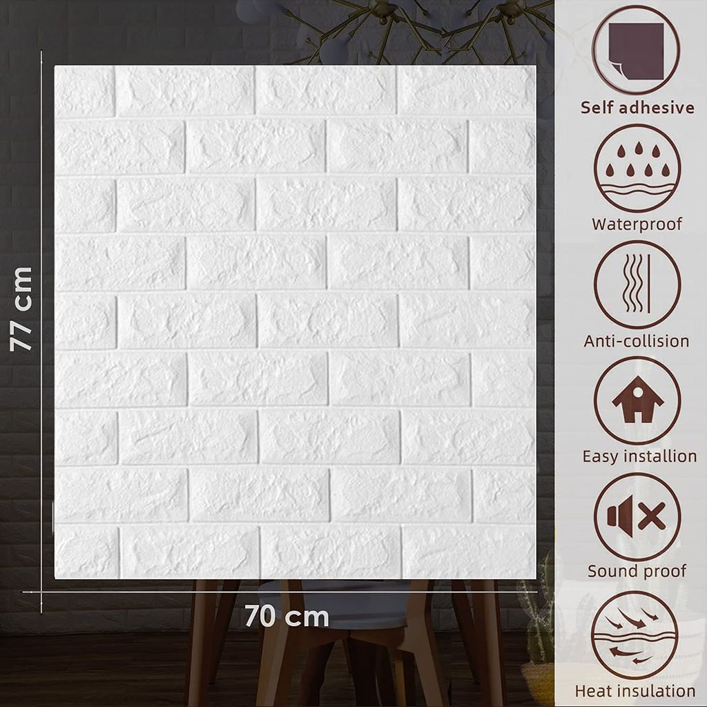 ZANIC 3D White Brick Wallpaper for Wall PE Foam Wall Stickers Self Adhesive DIY Wall Decor (70 x 77cm, WHITE )