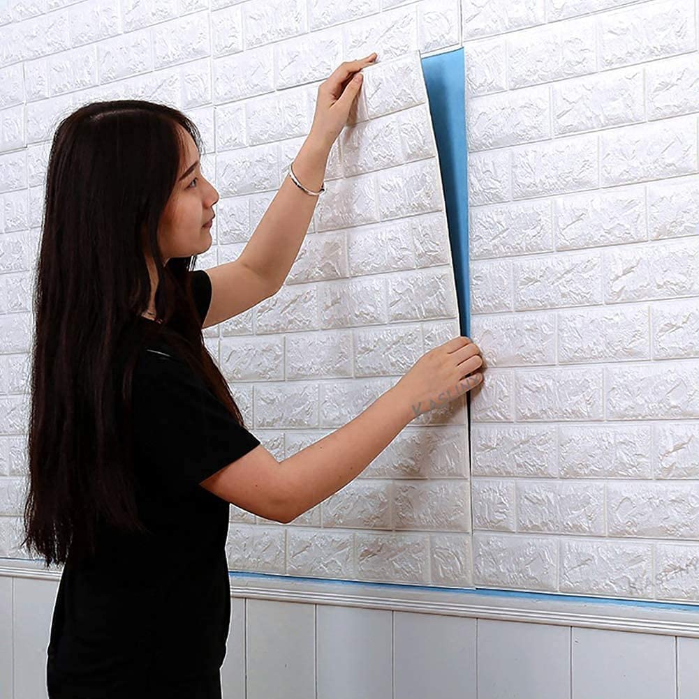 ZANIC 3D White Brick Wallpaper for Wall PE Foam Wall Stickers Self Adhesive DIY Wall Decor (70 x 77cm, WHITE )