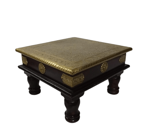 Wood & Brass Chowki  Brass Work Pooja Bajot Stool Home Decor Sitting Table Set 1