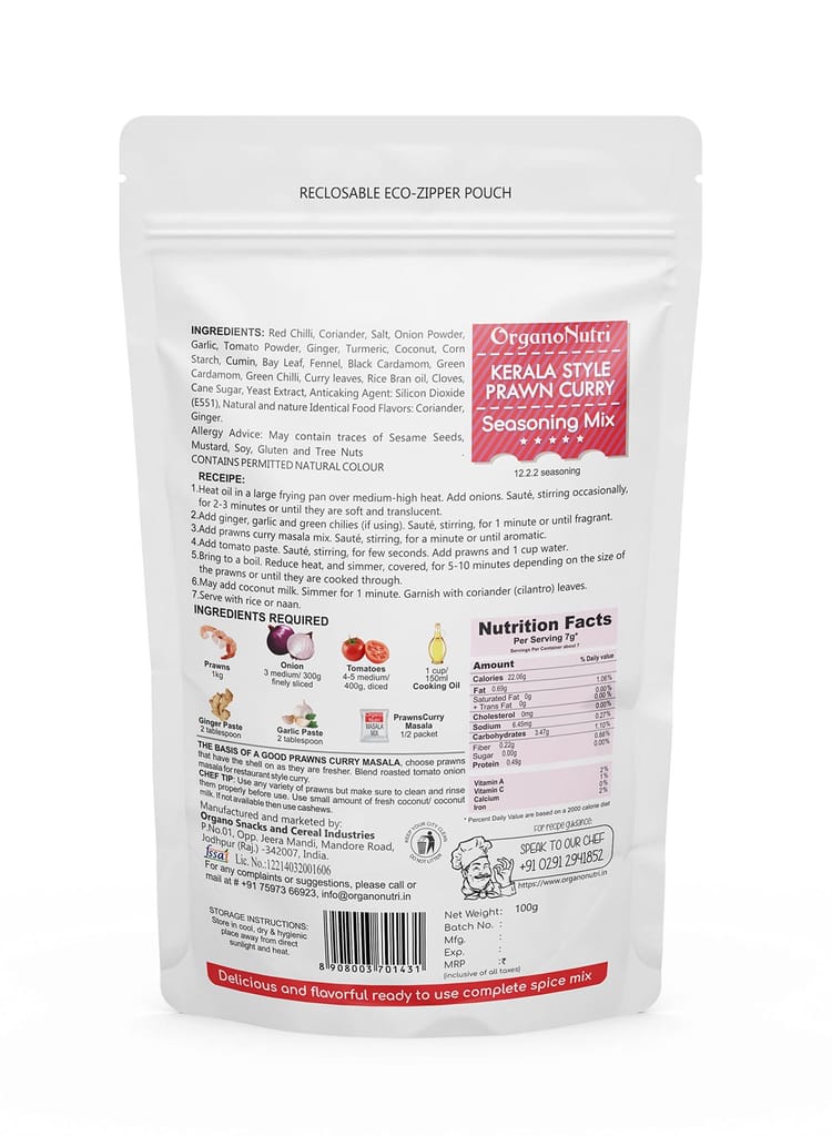 OrganoNutri Kerala Style Prawn Curry Masala | 2 x 100g | Reclosable Eco-Zipper Pouch
