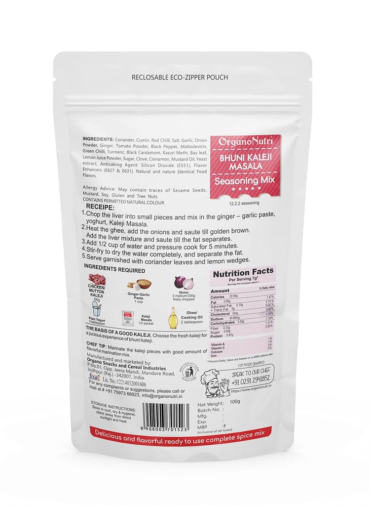 OrganoNutri Bhuni Kaleji Masala | 100g | Reclosable Eco-Zipper Pouch