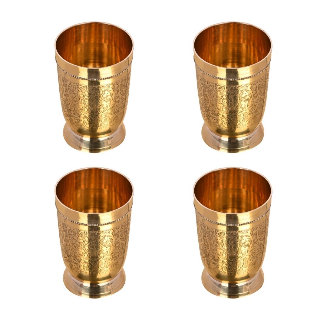 BulkySanta Pure Brass Royal Glasses with Handcrafted Etching Design - Set of 4 Glasses (Glass Capacity - 250 ML)