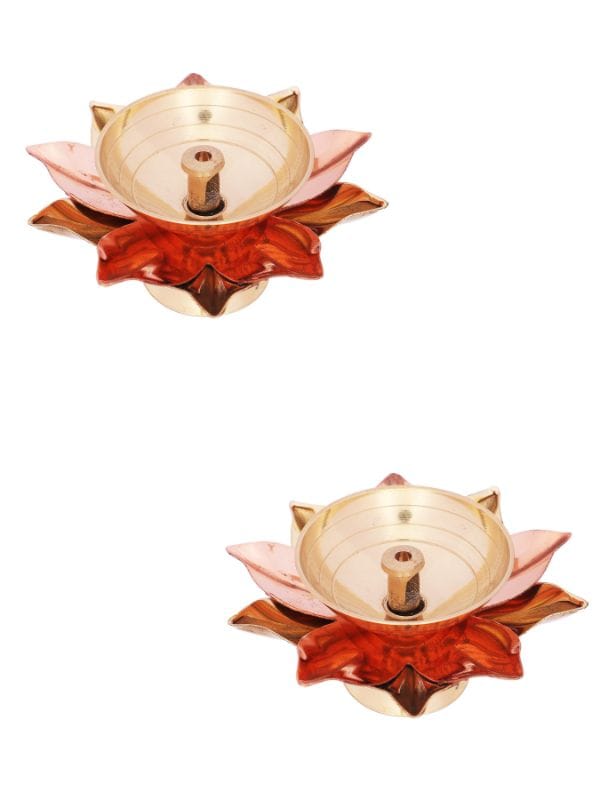Brass Lotus Diya small | brass diyas for puja | Home Temple Decoration Oil Lamp Gift Items (Brass & Copper) (Size 3" x 3" x 1.5") (Pack of 2 diyas)