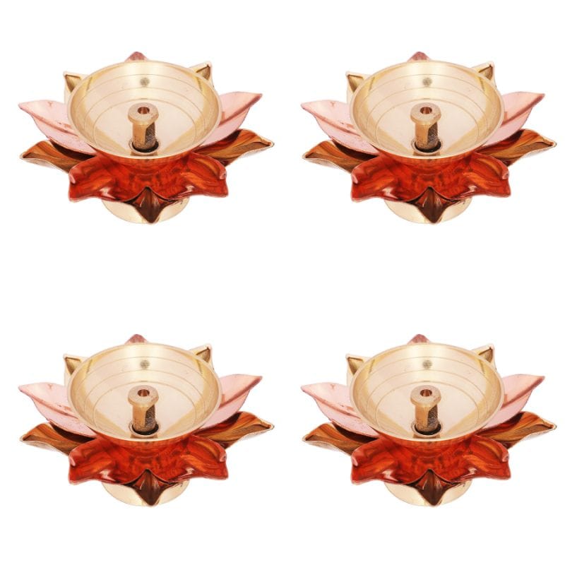 Brass Lotus Diya small | brass diyas for puja | Home Temple Decoration Oil Lamp Gift Items (Brass & Copper) (Size 3" x 3" x 1.5") (Pack of 4 diyas)