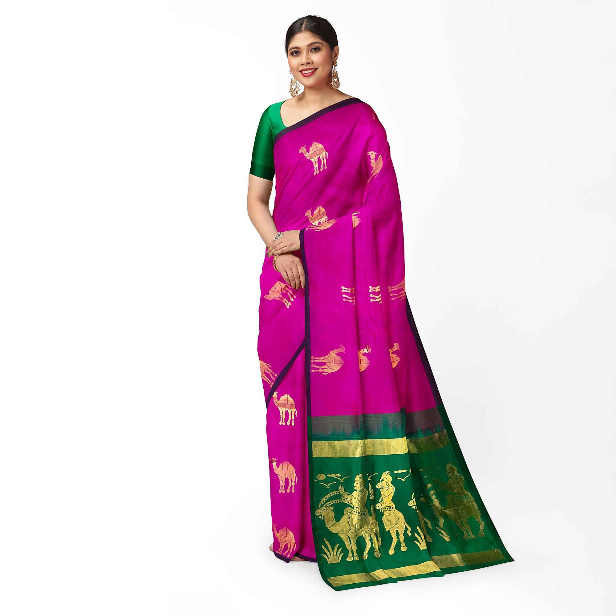 Dark Rose Color Camel Butta Mixed Soft Silk Saree with Unstitched Blouse