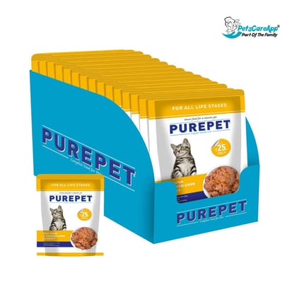 PUREPET All Life Stages Wet Cat Food, Real Tuna And Chicken Liver In Gravy, 15 Pouches (15 X 70G), 1 Count