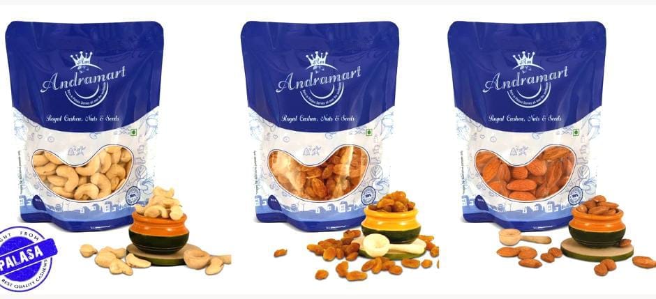 AndraMart  Combo pack of 750 gm  Premium Cashews | Kaju  | Munthiri , Raisons, Almond | 3x250