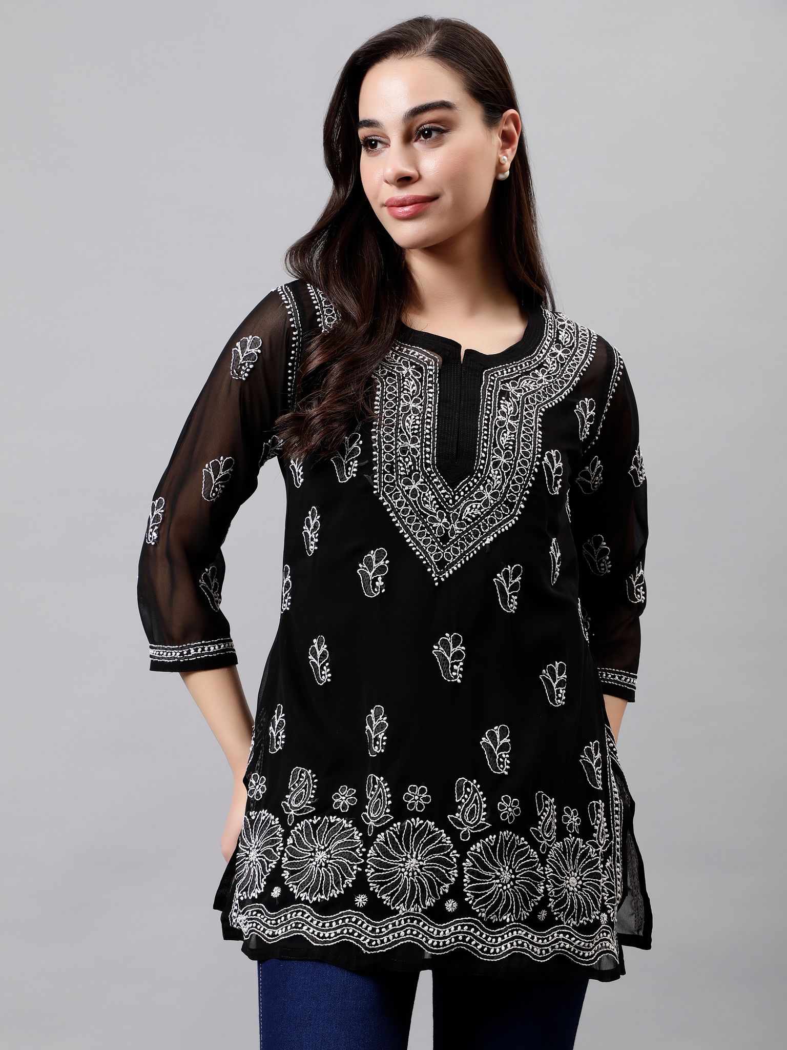 Seva Chikan Lucknowi Chikankari Black Georgette Top/ Kurti & Slip