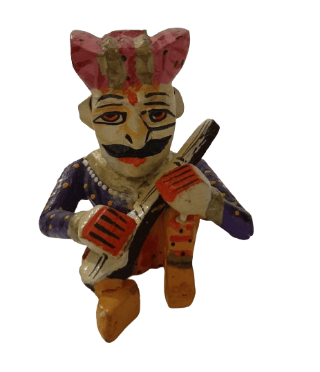 Wooden Sitting Musician Figurine  Hand-Painted Colorful Wooden Rajasthani Babla Musician Dolls Multicolored