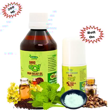 Dardgo Pain Relief Oil | Ideal for Joint Pain, Knee Pain, Neck Pain, Back Pain, Shoulder Pain, Sciatica Pain | Instant Pain Reliever | Ayurvedic & Non-Sticky, 200 ml (Pack of 2) + Roll On (Combo Pack)