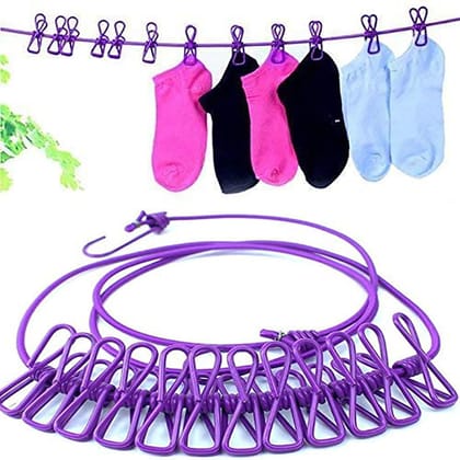 Qawvler Clothesline Rope Stretchable with 12 pcs Cloth pins Portable Multicolor (Pack of 1)