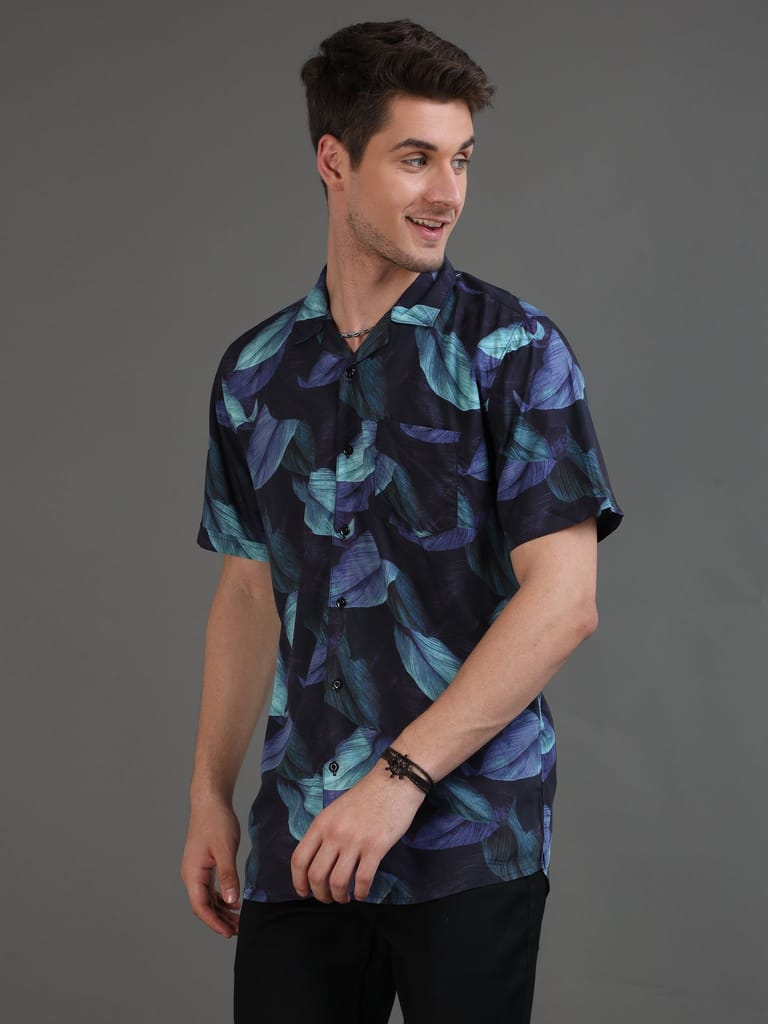Retro Leaf Printed Half Sleeves Cuban Collar Shirt