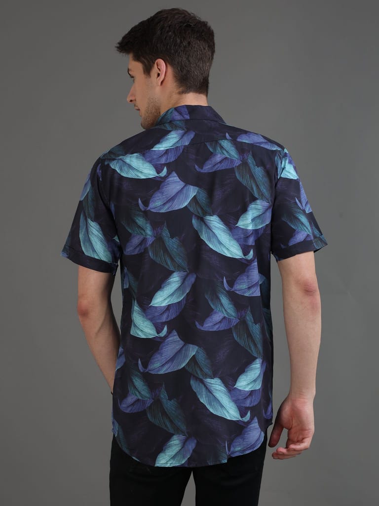 Retro Leaf Printed Half Sleeves Cuban Collar Shirt