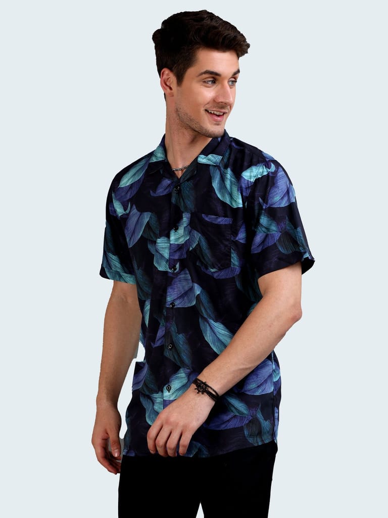 Retro Leaf Printed Half Sleeves Cuban Collar Shirt