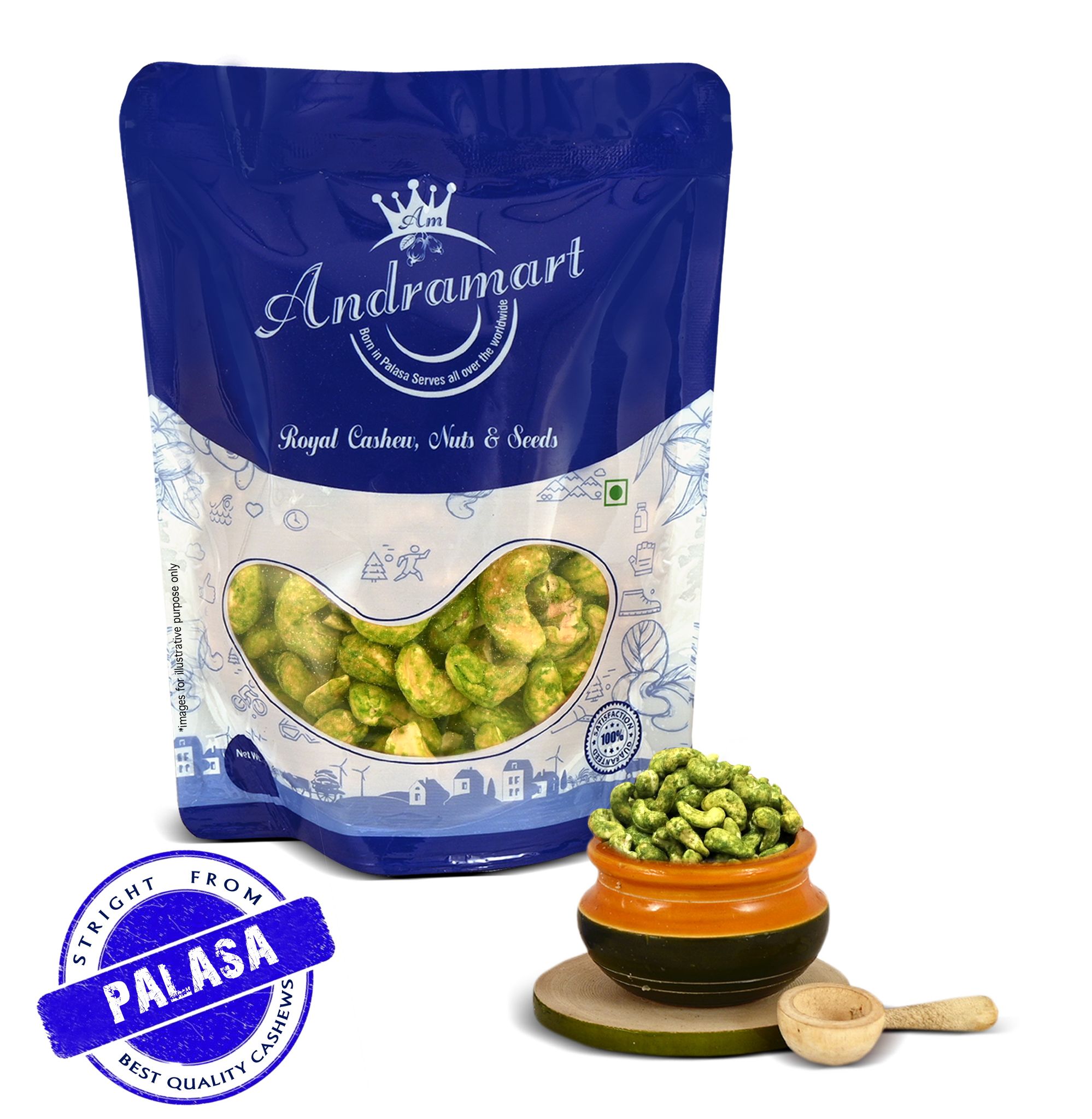AndraMart  Solitaire Green Chilli Cashews  250 gm  | Kaju  | Munthiri | Masala Kaju