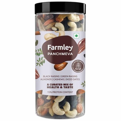 Farmley Premium Mixed Dry Fruits Panchmeva 450 Gram I Tasty & Mixed Nuts Healthy Snacks Contains Almond,Cashew,Dates,Green And Black Raisins I Reusable Jar