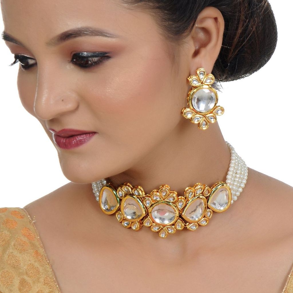 LUCKY JEWELLERY Back Meenakari 18k Gold Plated White Color Earring Combo Uncut Big Faux Kundan Choker Necklace set