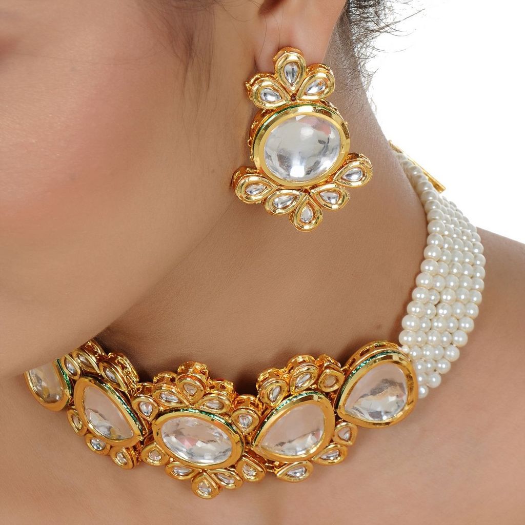 LUCKY JEWELLERY Back Meenakari 18k Gold Plated White Color Earring Combo Uncut Big Faux Kundan Choker Necklace set