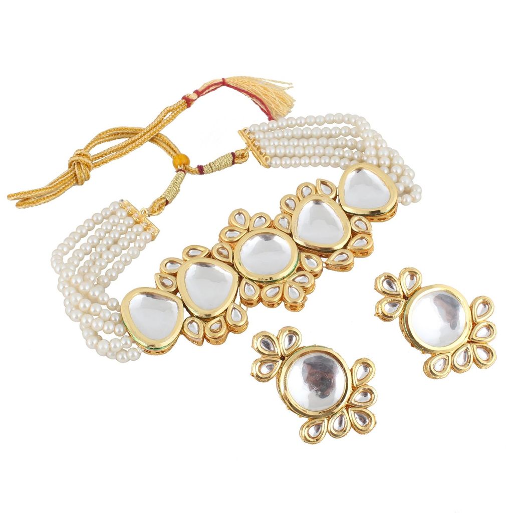 LUCKY JEWELLERY Back Meenakari 18k Gold Plated White Color Earring Combo Uncut Big Faux Kundan Choker Necklace set