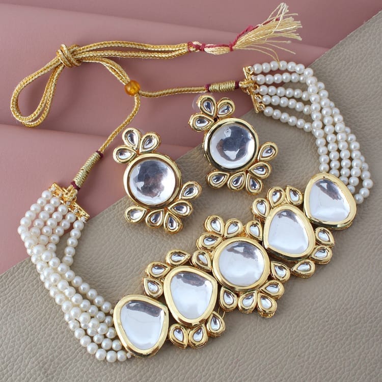 LUCKY JEWELLERY Back Meenakari 18k Gold Plated White Color Earring Combo Uncut Big Faux Kundan Choker Necklace set