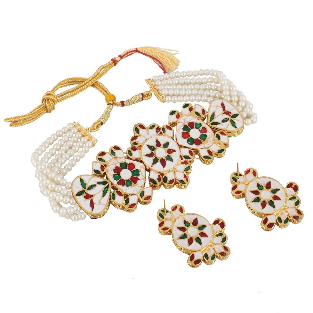 LUCKY JEWELLERY Back Meenakari 18k Gold Plated White Color Earring Combo Uncut Big Faux Kundan Choker Necklace set