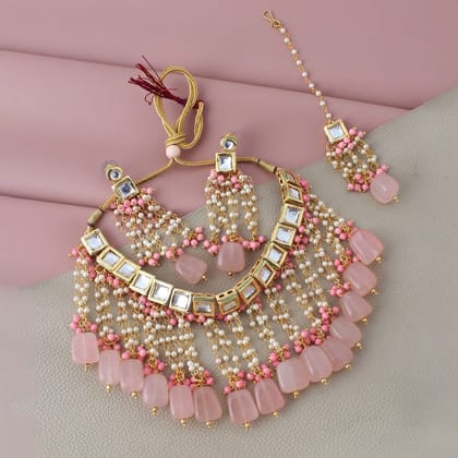 LUCKY JEWELLERY Back Meenakari 18k Gold Plated Pink Color  Tika Earring Combo Uncut Big Faux Kundan Choker Necklace set