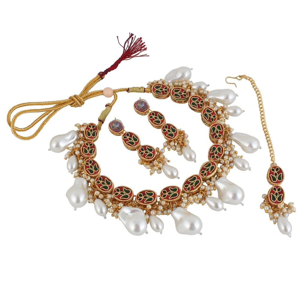 LUCKY JEWELLERY Back Meenakari 18k Gold Plated White Color Tika Earring Combo Uncut Big Faux Kundan Choker Necklace set